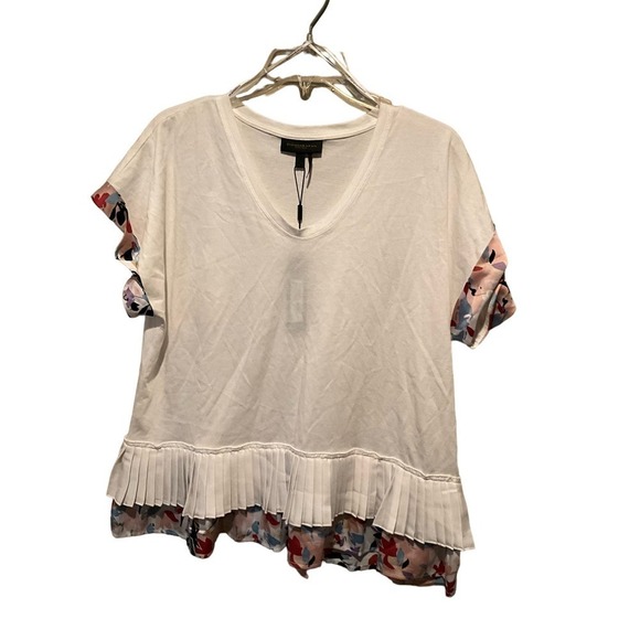 Donna Karan Morning Dew T-Shirt Women's L White Ruffle Short Sleeve Cotton Blend - Picture 1 of 7